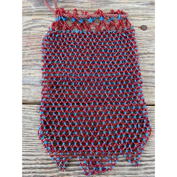 Antique Glass Beaded Pouch Draw String Purse Red Blue No lining - Picture 5 of 9